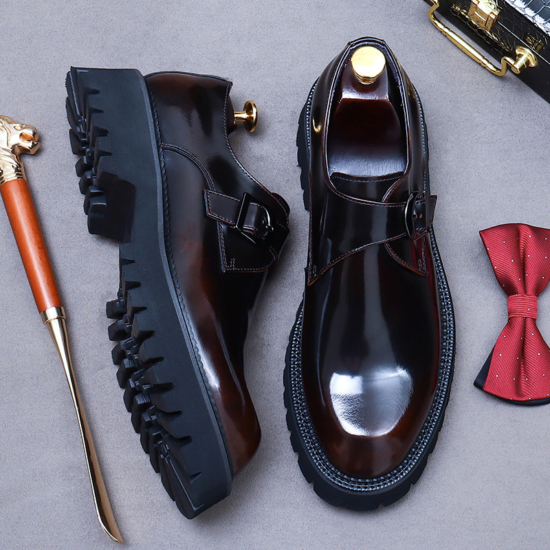 Men's Leather Shoes, Business Formal Wear, Genuine Leather, Gentleman's Buckle, Patent Leather, British Style, Glossy, Thick-Soled, Suit Shoes image 4
