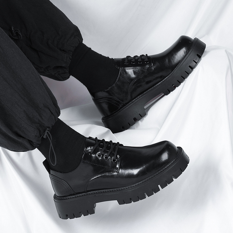 Vintage Leather Shoes Men's Thick Sole Height Increasing Men's Shoes Black Low-top Men's Business Casual Round Toe Leather Shoes fleece-lined Leather Boots