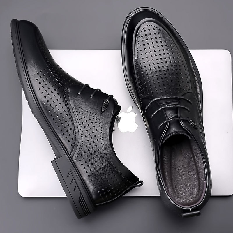 Men's Summer Leather Toe-Layer Cowhide Business Formal Pointed Toe Cut Out Men's Shoes Breathable High-End Genuine Leather Casual Shoes